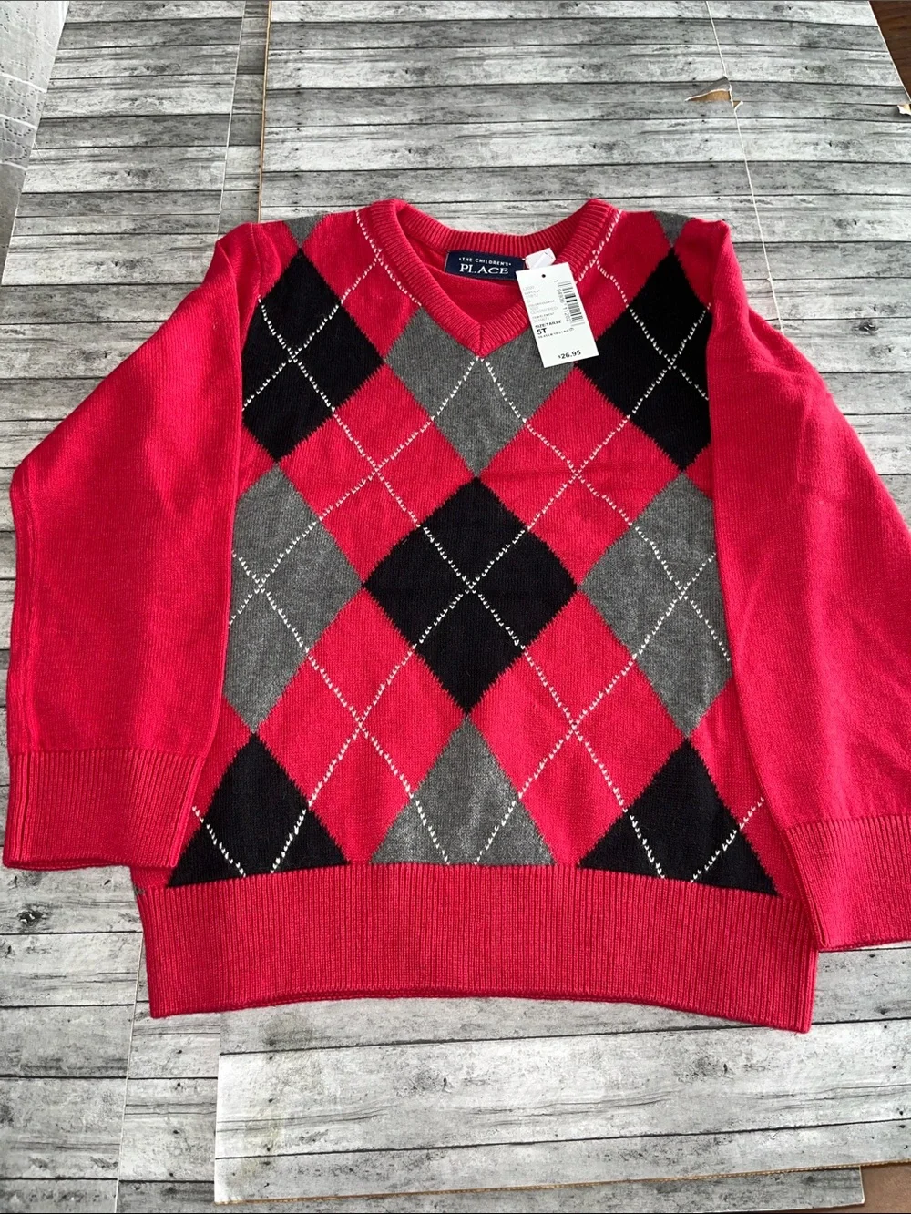 The Children's Place Red Black Gray Argyle V-Neck Sweater